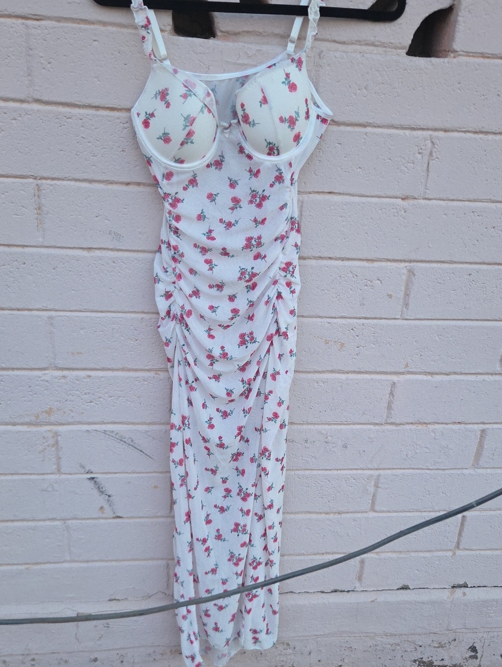 White Floral Slip Dress with Pink Rose Print